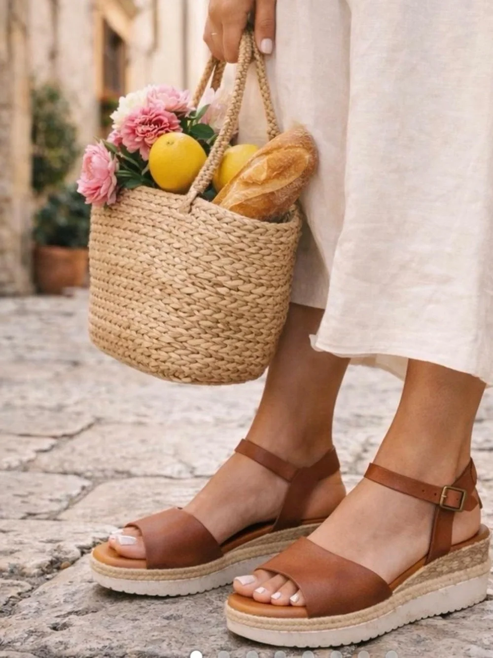 Bertuchi Women's Tan Leather Espadrille Platform Sandals with Ankle Strap